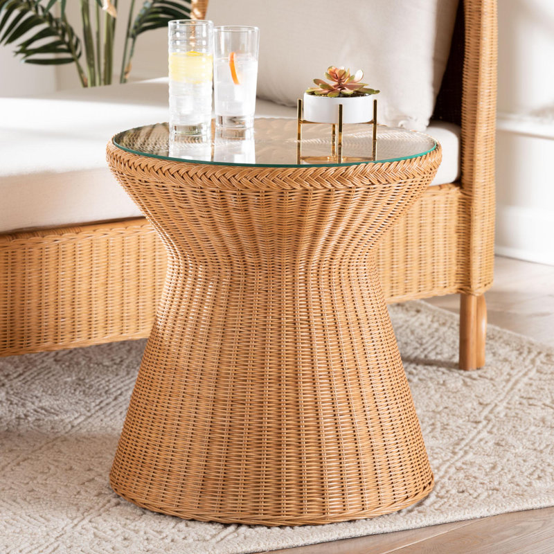 Bali Pari Nina Bohemian Light Honey Braided Rattan End Table With Glass Tabletop